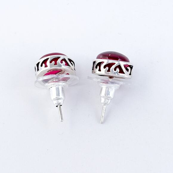 Vintage Sterling Silver 925 Synthetic Ruby Red Cabochon Stud Earrings - Picture 7 of 9